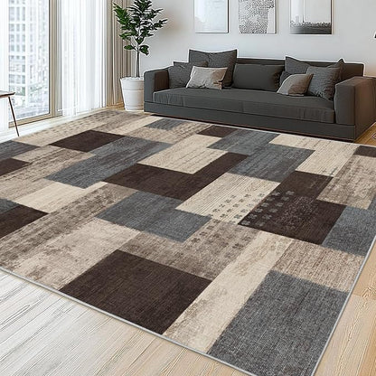 Modern Geometric Patchwork Indoor Area Rug for Living Room, Blue-Taupe 6'x 9' Large Rug Rockwood Collection Hardwood Floors Decor for Bedroom, Blue Throw Carpet for Office Entryway Dining Room