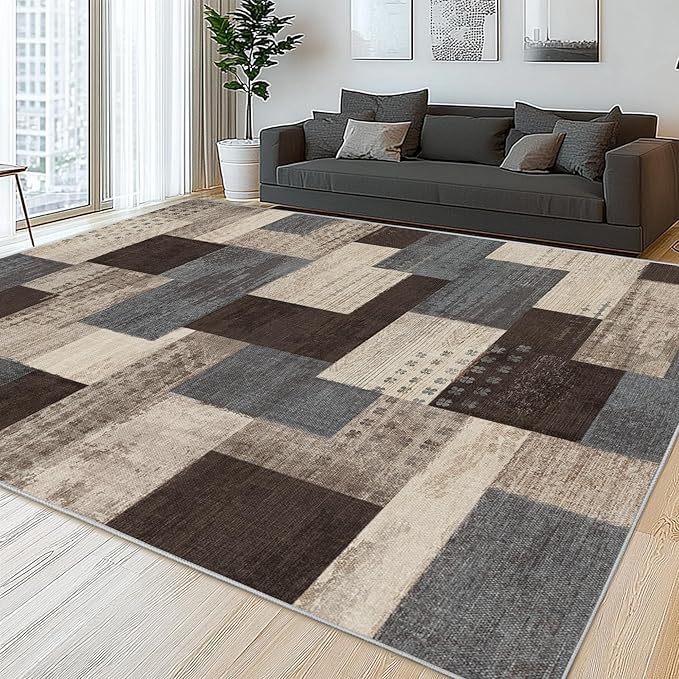 Modern Geometric Patchwork Indoor Area Rug for Living Room, Blue-Taupe 5'x 7' Large Rug Rockwood Collection Hardwood Floors Decor for Bedroom, Blue Throw Carpet for Office Entryway Dining Room