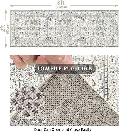 Enkor Runner Rugs for Hallway, 2x8 Washable Soft Non Slip Floor Rugs for Kitchen, Modern Mat for Living Room Bedroom Entryway White & Grey