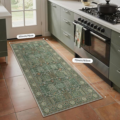 Bavni 2'6''x6 Rug Runners for Hallways, Washable Runner Rug Non Slip, Vintage Floral Print Style Rugs for Bedroom-Lightweight Low Pile Carpet for Hallways Bathroom, Forest Green