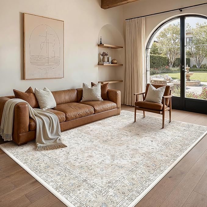 5x7 Washable Vintage Area Rug for Living Room Bedroom Beige Grey Soft Tranditional Non Slip Large Throw Rug Lightweight Floral Low Pile Distressed Carpet Laundry Dining Room Kitchen Office