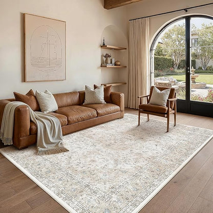 5x7 Washable Vintage Area Rug for Living Room Bedroom Beige Grey Soft Tranditional Non Slip Large Throw Rug Lightweight Floral Low Pile Distressed Carpet Laundry Dining Room Kitchen Office