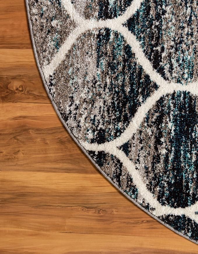 Rugs.com Lattice Frieze Collection Rug – 8' Round Blue Multi Medium Rug Perfect for Kitchens, Dining Rooms