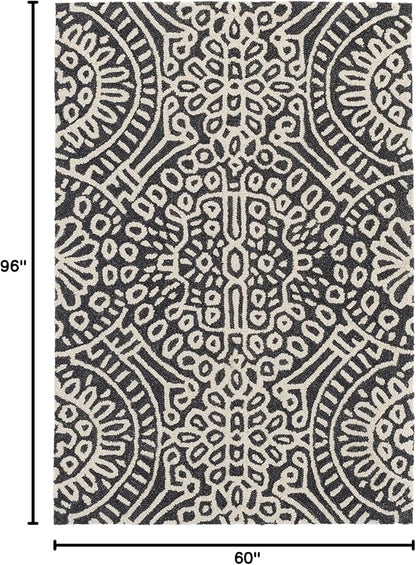 Dash & Albert Temple Charcoal Hand Micro Hooked Wool Rug, 5 X 8 Feet, Grey Geometric Pattern