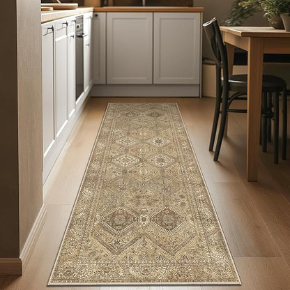 Bavni 2x7 Runner Rug Non Slip, Machine Washable Rug Runners for Hallways, Vintage Distressed Print Kitchen Runner, Low Pile Lightweight Carpet Runner for Entryway Laundry Bedroom Bathroom Nut Brown
