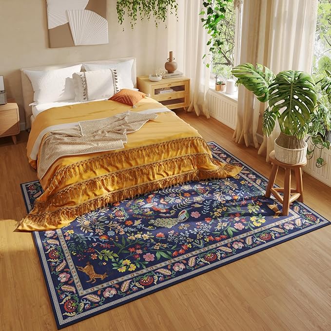 Rugcomf 9x12 Area Rugs for Living Room Washable Rug Floral Non-Slip Large Rug for Living Room, Bedroom, Farmhouse, Dining Room, Kids Playroom (Blue)
