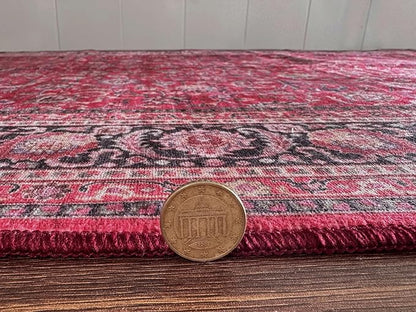 GLN Rugs Traditional Collection - Machine Washable Area Rug, Traditional Washable, Non Slip, Low Pile Chenille Rug, Living Room, Bedroom, Kitchen Rug (2' x 3' Dark Red)