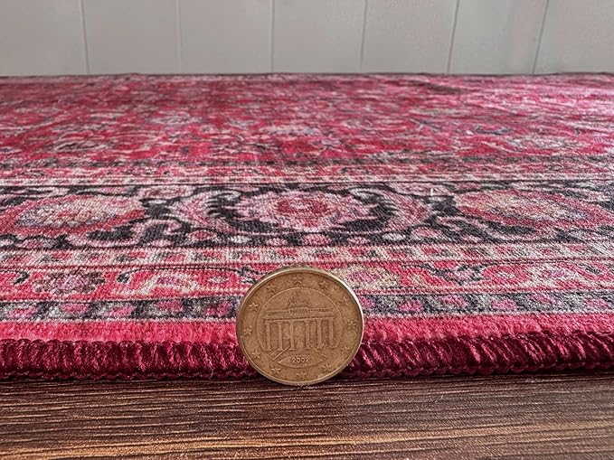 GLN Rugs Traditional Collection - Machine Washable Area Rug, Traditional Washable, Non Slip, Low Pile Chenille Rug, Living Room, Bedroom, Kitchen Rug (8' x 10' Dark Red)