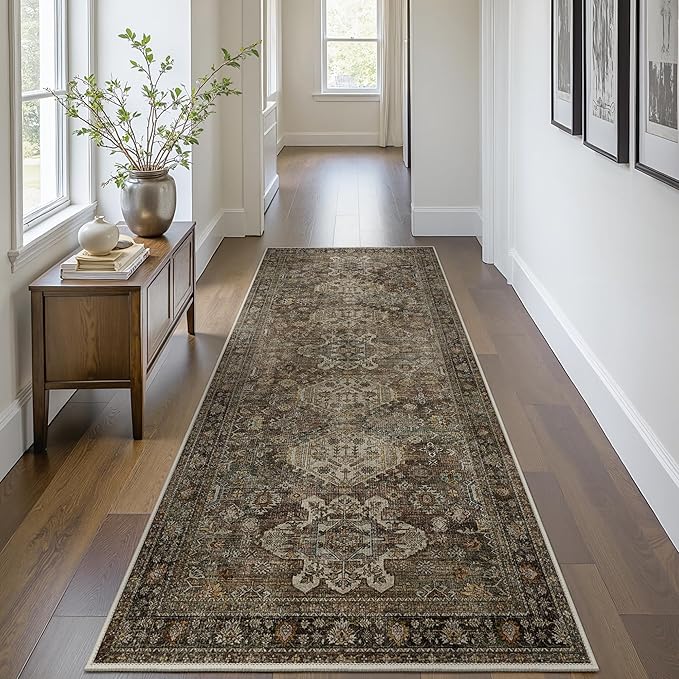 Bavni Washable Runners for Hallways 2X10, Ultra-Thin Non Slip Long Runner Rug, Print Vintage Aesthetic Carpet Runner, Low Pile Rugs for Kitchen Porch Bedroom, Brown