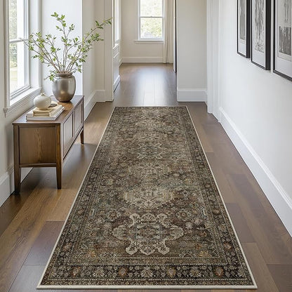 Bavni Washable Runners for Hallways 2X10, Ultra-Thin Non Slip Long Runner Rug, Print Vintage Aesthetic Carpet Runner, Low Pile Rugs for Kitchen Porch Bedroom, Brown