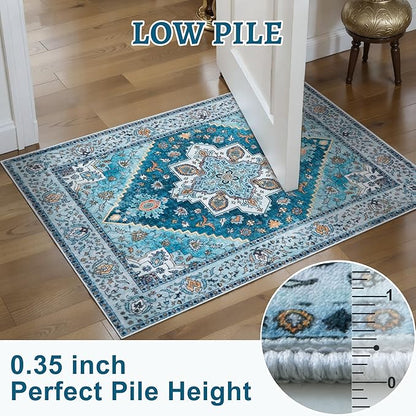 Tangsoo Blue 2x6 Washable Runner Rug for Hallways, Non Slip Vintage Runner Rug, Soft Boho Low Pile Long Rug Runner, Carpet Runners for Kitchen Bedroom Entryway Bathroom Living Room
