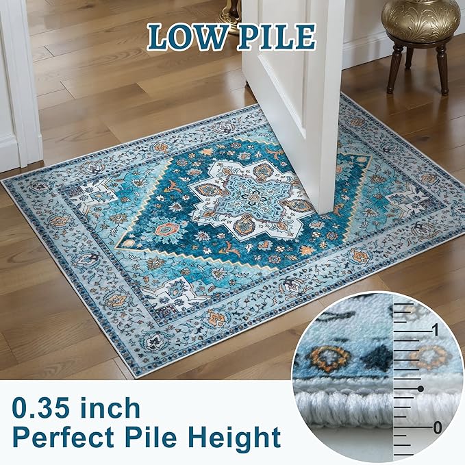 Tangsoo Blue 2x3 Washable Rug for Entryway, Vintage Non Slip Small Area Rug, Indoor Front Door Rug, Print Door Mat Small Carpet, Soft Low Pile Rugs for Entrance Kitchen Bedroom Home Decor