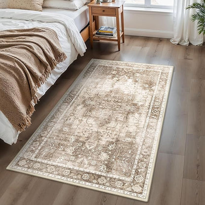 3x5 Area Rugs for Living Room, Machine Washable Non Slip Vintage Rugs, Low Pile Lightweight Print Rug for Bedroom, Dining Room, Home Office, Latte Beige