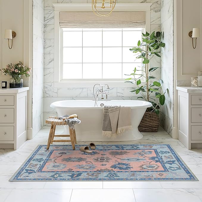 Fame Living Modern Oushak Rug, Vintage, Turkish, Eclectic, Floral, Pastel, Washable, Area Rugs for Living Room, Dining, Bedroom, Office, Entryway, Foyer, Playroom, Nursery, 5'x6'9"