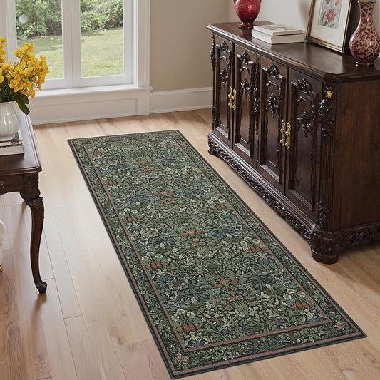 Bavni Boho Floral Kitchen Runner Rug 2x6, Washable Non Slip Thin Carpet for Hallway Bathroom Laundry Room, Ultra Soft Botanical Runner for Entryway, Modern Indoor Floor Decor, Dark Green