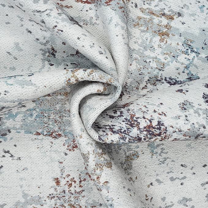 GLN Rugs Contemporary Collection - Machine Washable Area Rug, Contemporary Washable, Non Slip, Low Pile Chenille Rug, Living Room, Bedroom, Kitchen Rug (9' x 12' White/Grey/Blue/Brown)