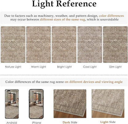 HUGEAR Washable 8x10 Area Rugs Retro Brown Living Room Bedroom Rug Vintage Distressed Non Slip Stain Resistant Low Pile Neutral Throw Carpet for Home Decor