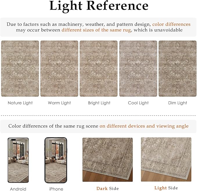HUGEAR Washable 5x7 Area Rugs Retro Brown Living Room Bedroom Rug Vintage Distressed Non Slip Stain Resistant Low Pile Neutral Throw Carpet for Home Decor
