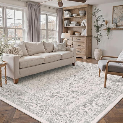 Gray Area Rug 7x10 Machine Washable Vintage Living Room Distressed Non Slip Carpet Traditional Indoor Bedroom Grey Retro Floral Accent Throw Large Rug for Office Kitchen Dining Room