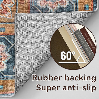 YJ.GWL Area Rugs for Living Room 5x7 Machine Washable Rugs, Non Slip Floral Vintage Rug Indoor Carpet, Stain Resistant Large Rug for Bedroom Dining Room, Brown Blue
