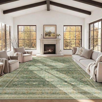 HelloTree Washable Rugs 8x10 Area Rug for Living Room, Vintage Boho Green Rug Non Slip Carpet Retro Accent Indoor Mat Print Distressed Low Pile Throw Large Rug for Office Dining Room Bedside-Green