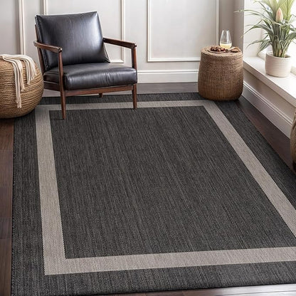 CAMILSON Outdoor Rug 5x7,Modern Outside Rugs for Patios Porches Waterproof Durable Washable Non-Shedding, Easy-to-Clean Indoor Outdoor Area Carpet (5 x 7, Bordered - Dark Gray/Light Gray)