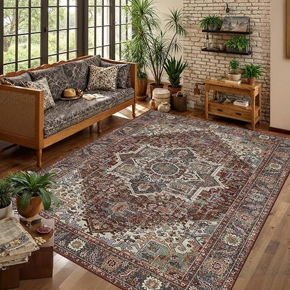 Kokia 8x10 Maroon Area Rugs with Vintage Orient Design, Soft Washable Rug for Living Room or Bedroom, Non-Slip Low Pile Stain Resistance Features, Medallion Pattern