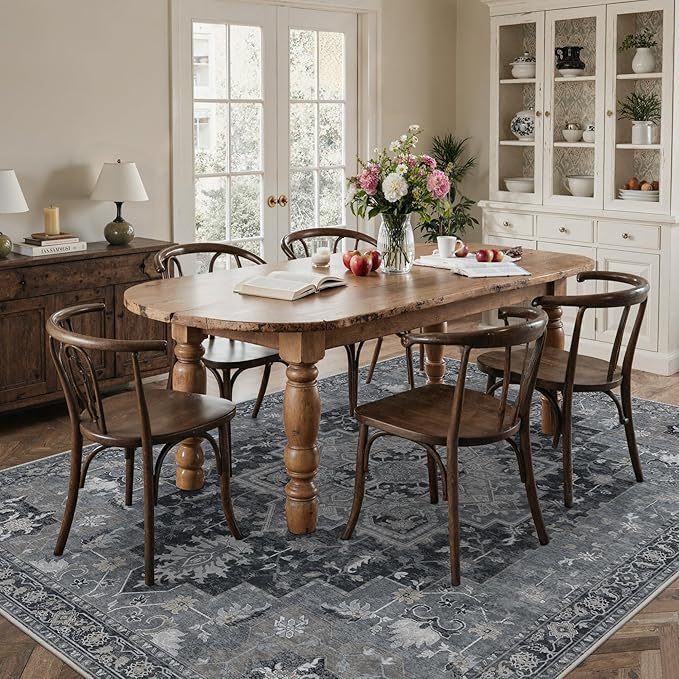 8x10 Area Rugs for Living Room, Machine Washable Non Slip Vintage Rugs, Low Pile Lightweigt Print Indoor Rug for Bedroom, Dining Room, Home Office, Dark Gray