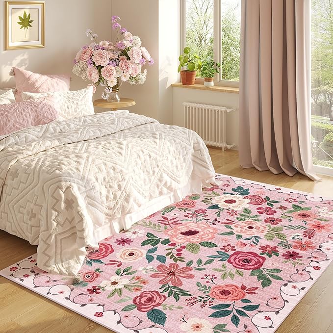 DUKINO 5x7 Area Rug, Nursery Floral Rugs for Living Room, Lightweight Non Slip Washable Rug, Indoor Low Pile & Non-Shedding Boho Design Rugs for Girls Bedroom, Kids Playroom, Dining Room, Pink