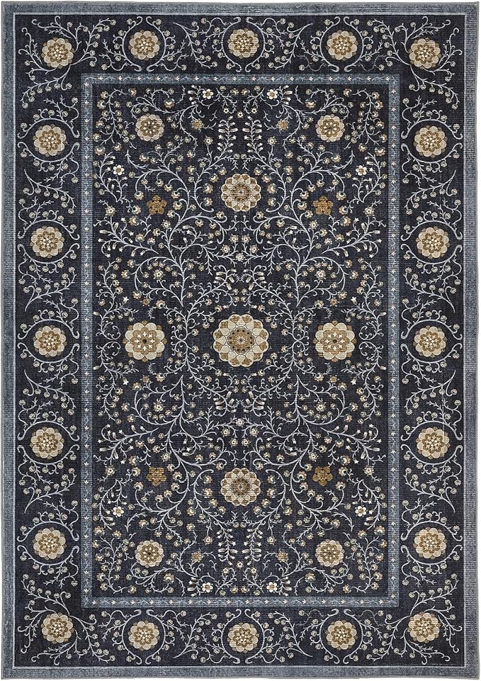 GarveeHome Boho 5x7 Area Rug for Bedroom, Floral Vintage Rugs for Living Room with Soft Low Pile, Non Slip Botanical Washable Rugs 5x7 for Dining Room Blue Carpet for Entryway Dorm Office Playroom