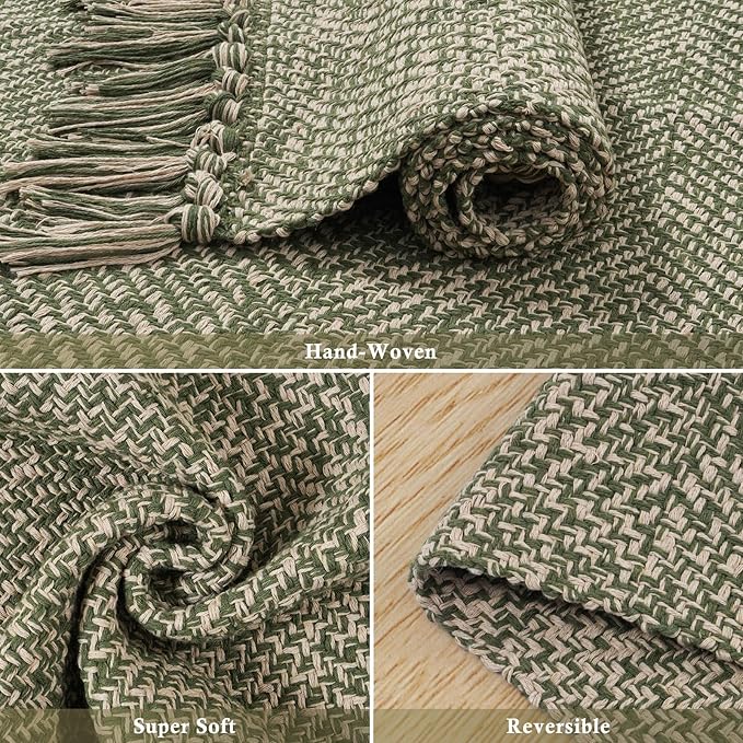 Collive 2' x 3' Small Entryway Rug, Washable Hand-Woven Kitchen Rug with Tassels, Natural/Green Farmhouse Low Profile Throw Rug Reversible Front Door Rug for Bedroom Bathroom Home Décor