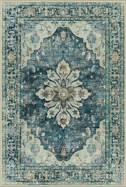 Area Rugs Square 7ft Washable Non-Slip, Floral Vintage Distress Print Pattern Medallion Carpet for Living Room Bedroom Dining Room, Dark Blue Vintage