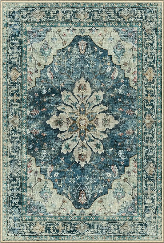 Area Rugs 3'x4' Washable Non-Slip, Floral Vintage Distress Print Pattern Medallion Carpet for Living Room Bedroom Dining Room, Dark Blue Vintage