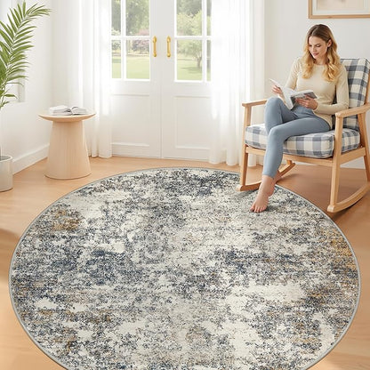 6ft Washable Round Rug - 6x6 Area Rugs Modern Abstract Rugs for Living Room Non-Slip Low Pile Soft Machine Washable Carpet for Bedroom, Living Room, Dining Room, Nursery, Farmhouse (6'x6' Tan Blue)