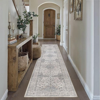 HUGEAR Machine Washable Hallway Runner Rugs 2x10 Vintage Blue Neutral Style Non Slip Stain Resistant Low Pile Throw Carpet for Bedroom Kitchen Retro Aesthetic Modern Decor