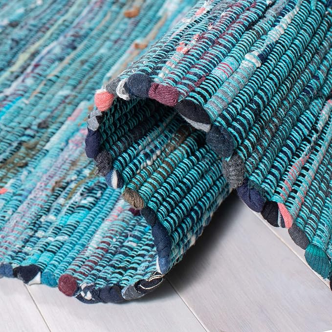 SAFAVIEH Rag Rug Collection Area Rug - 5' x 8', Blue & Multi, Handmade Boho Stripe Cotton, Ideal for High Traffic Areas in Living Room, Bedroom (RAR121B)