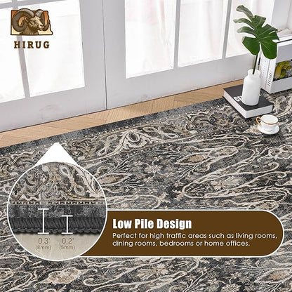 Washable Area Rug 5' x 7' Vintage Traditional Persian Mat - Foldable Distressed Non-Slip Machine Washable Carpet for Living Room Bedroom Kitchen Home Decor - Ebony and Taupe