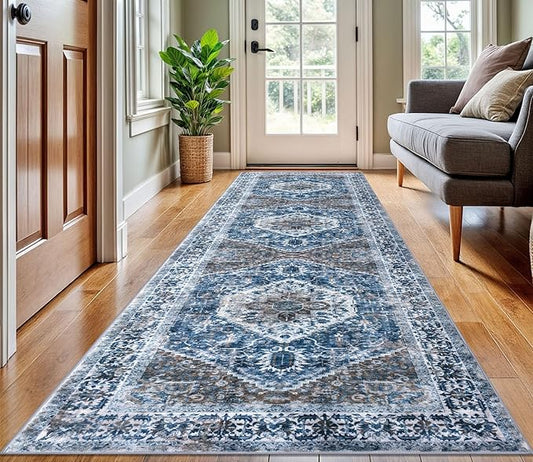 KOZYFLY Long Runners for Hallways 3x10 Ft Washable Kitchen Runner Rug Boho Runner Rug for Entryway Indoor Blue Printed Oriental Faux Wool Stair Floor Carpet Runner for Stair Kitchen Hall