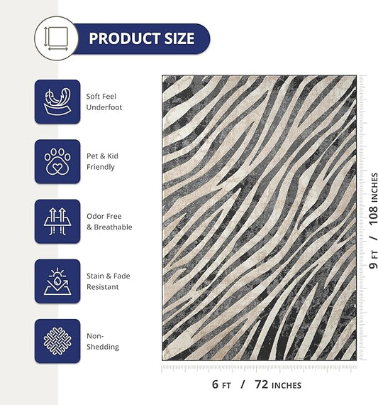 Abani Terra Area Rug for Living Room, Bedroom - Zebra Pattern - Black Cream- 6' x 9' - Durable & Easy to Clean