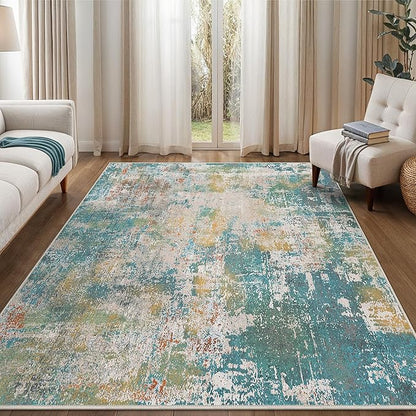 GENIMO 6x9 Area Rugs for Living Room, Machine Washable Rug Non Slip, Low Pile Ultra-Thin Lightweight Large Carpet, Abstract Modern Rugs for Bedroom, Dining Room, Office, Nursery, Teal/Beige