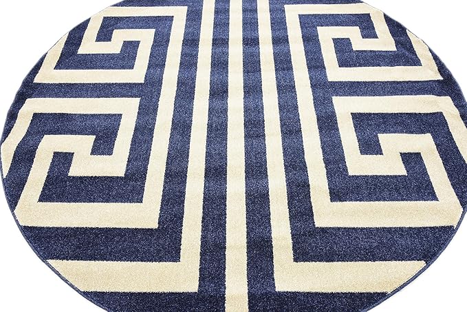 Unique Loom Athens Collection Classic Geometric Modern Border Design Area Rug (6' 0 x 6' 0 Round, Navy Blue/ Beige)