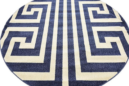 Unique Loom Athens Collection Classic Geometric Modern Border Design Area Rug (6' 0 x 6' 0 Round, Navy Blue/ Beige)