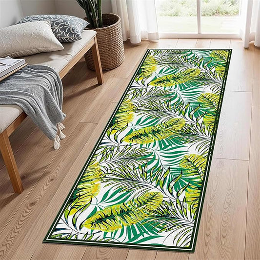 Green Botanical Tropical Leaves Rug 3.3x10ft - Non-Slip Washable Runner, Soft Durable Floor Mat for Hallway, Kitchen, Bedside, Entryway Home Decor