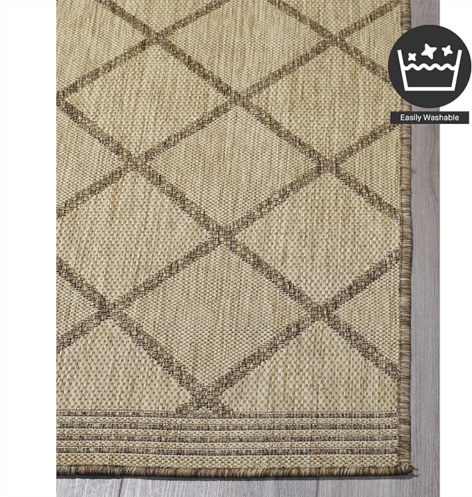 FH Home Flat Woven Outdoor Rug - Waterproof, Easy to Clean, Stain Resistant - Premium Polypropylene Yarn - Moroccan Geo Lattice - Patio,Deck,Porch,Balcony,Laundry - Tunis - Sand - 3ft 11 in x 5ft 6in