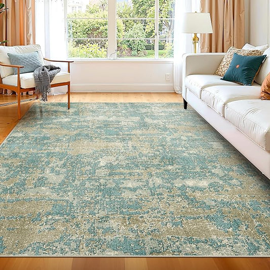 WITSHOCK Living Room Area Rugs 5x7：Modern Abstract Machine Washable Large Rug for Bedroom Dining Room Non-Slip Stain Resistant Home Office Decor,Teal Brown