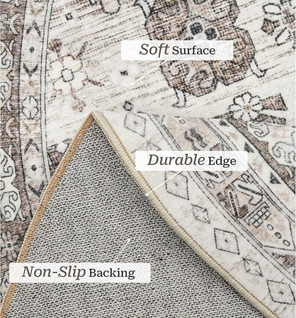 zesthome 9ft Round Rugs for Living Room, Non-Slip Washable Round Area Rugs, Ultra-Thin Large Circle Rugs, Soft Low Pile Rug for Bedroom, Kitchen - Vintage Stain Resistant Round Rug (Brown/Beige,9'x9')