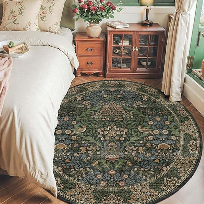 6ft Round Area Rugs for Living Room, Washable Floral Circle Rug Non Slip Low Pile, Vintage Boho Botanical Birds Throw Carpet for Farmhouse, Bedroom, Dining Room, Retro Gold/Green