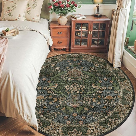 6ft Round Area Rugs for Living Room, Washable Floral Circle Rug Non Slip Low Pile, Vintage Boho Botanical Birds Throw Carpet for Farmhouse, Bedroom, Dining Room, Retro Gold/Green