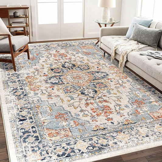 Enkor Area Soft Rugs 5x7 Washable Non Slip Boho Floor Rugs for Living Room Bedroom, Vintage Style Farmhouse Mat for Kitchen Entryway Orange & Black