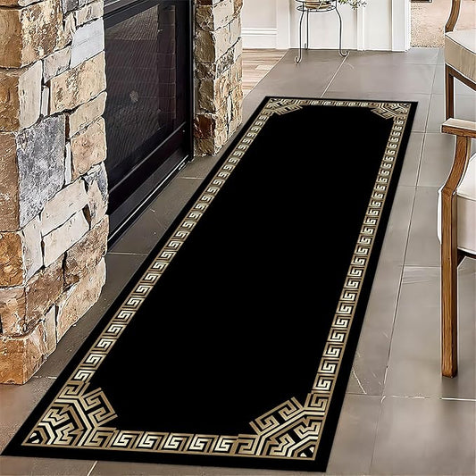 Greek Key Runner Rug for Entryway, 3.3x7ft, Black Gold Geometric Border Area Rugs for Bedroom, Meander Pattern Fade Resistant Home Decor Carpet, Soft Reduce Noise Entry Mat for Kitchen